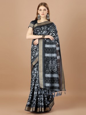 Tasrika Floral Print Bollywood Cotton Silk Saree(Black)