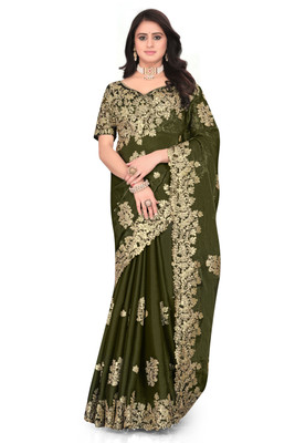 Brahmani Creation Embroidered Kanjivaram Silk Blend Saree(Green)