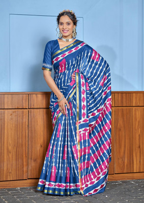 Divastri Printed Chanderi Cotton Blend Saree(Blue)