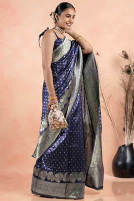 SUBHAM Woven, Embellished Banarasi Silk Blend Saree(Dark Blue, Gold)