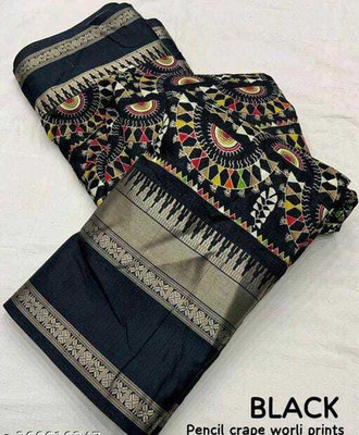 Vishwa Vijay Creation Printed Hand Batik Crepe Saree(Black)