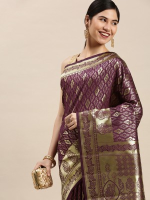 Hinayat Fashion Woven Kanjivaram Jacquard Saree(Purple)