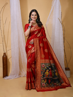 AEDYM Woven, Floral Print, Printed Banarasi Silk Blend Saree(Red)