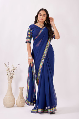 PIYA DESIGNER Embellished, Solid/Plain Bollywood Georgette Saree(Dark Blue)