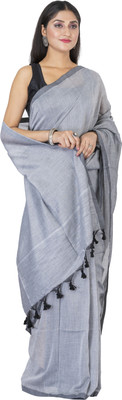 SAYAN CREATION Solid/Plain Handloom Pure Cotton Saree(Grey)