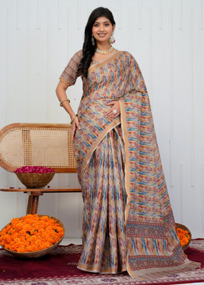 SHRIVAN FASHION Printed, Self Design Bollywood Cotton Blend Saree(Beige, Brown)
