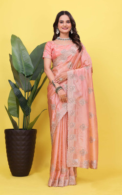 LH ENTERPRISE Embroidered, Self Design, Embellished Bollywood Silk Blend Saree(Orange)