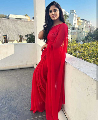 Anand Sarees Solid/Plain Bollywood Georgette, Chiffon Saree(Red)