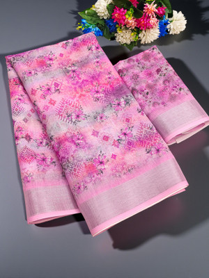 parakhiya fab Floral Print, Printed Daily Wear Cotton Linen Saree(Pink)