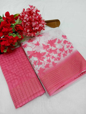 HouseOfCommon Printed Kanjivaram Chanderi, Pure Silk Saree(White, Pink)