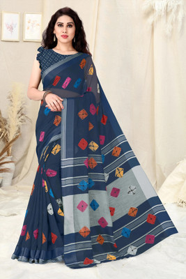 MIRCHI FASHION Printed, Blocked Printed Bandhani Cotton Blend Saree(Dark Blue, Cream)