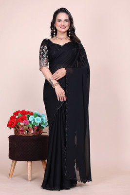 saanvi Solid/Plain, Self Design, Embroidered Bollywood Jimmy choo, Chiffon Saree(Black)