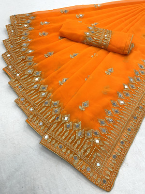 Disha Fashion Embroidered Banarasi Georgette, Silk Blend Saree(Mustard)