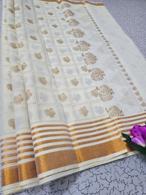 Kunjus Printed, Self Design, Animal Print Kasavu Pure Cotton Saree(Gold, Cream)