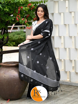 RM CREATION Printed Handloom Handloom Cotton Blend Saree(Black)