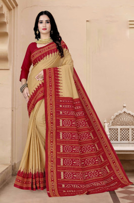 ETHNIC SAREES Bharat Printed Sambalpuri Pure Cotton Saree(Brown)