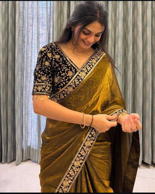 RAJ DARBAR Solid/Plain Bollywood Crepe Saree(Gold)
