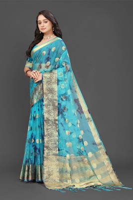 HouseOfCommon Solid/Plain, Woven Bollywood Organza Saree(Blue)