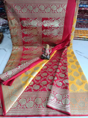 HouseOfCommon Woven Banarasi Jacquard Saree(Pink, Yellow)