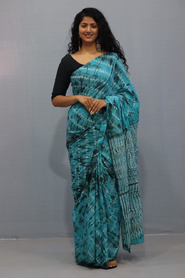 DASTKARPRINT Printed Daily Wear Pure Cotton Saree(Blue)