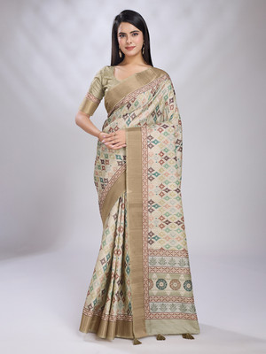 RekhaManiyar Printed Bollywood Silk Blend Saree(Cream)