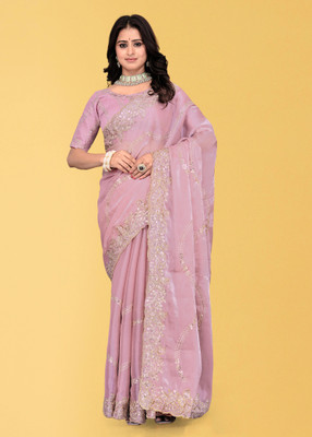 Mortile Designer Studio Embroidered Banarasi Georgette Saree(Pink)