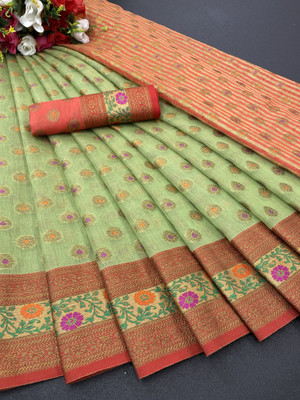 GOGAJI COLLECTION Floral Print, Woven Kanjivaram Pure Cotton, Cotton Blend Saree(Green)
