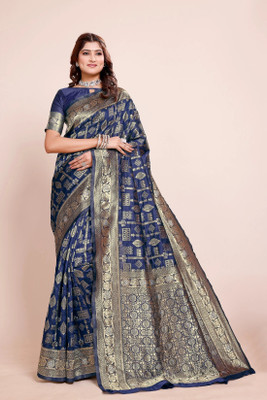 DHAYNAAND REEWA FASHION Floral Print, Woven Banarasi Jacquard Saree(Dark Blue)
