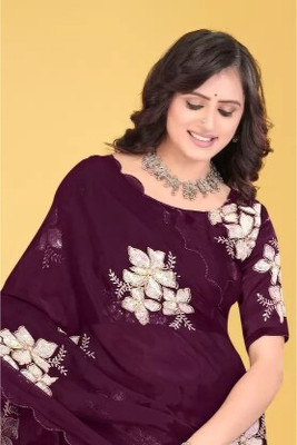 Tejal Creation Embroidered Bollywood Chiffon Saree(Purple)