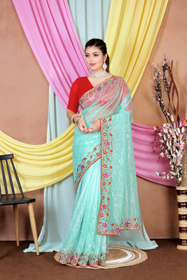 MAHADEV Embroidered Bollywood Supernet Saree(Light Blue)