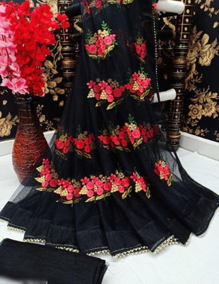 vallavi fashion Embroidered Bollywood Net Saree(Black)