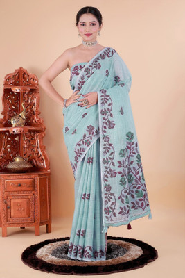 NEGRONI Floral Print Daily Wear Linen Saree(Light Blue)