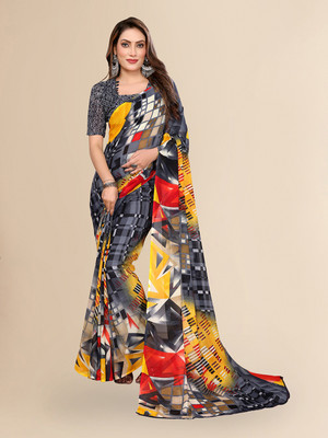 kashvi sarees Ombre, Geometric Print Daily Wear Georgette Saree(Grey, Red, Yellow)