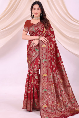 VKARAN Woven Kanjivaram Silk Blend Saree(Maroon)