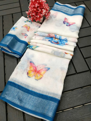 M MAANVIT Printed Kanjivaram Pure Cotton, Cotton Linen Saree(Blue)