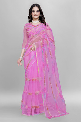 SATVASHIV Embroidered Bollywood Net Saree(Pink)