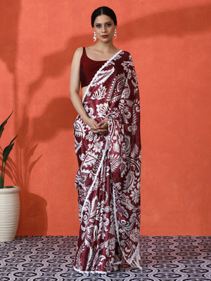 Sangria Printed Daily Wear Satin Saree(Red)