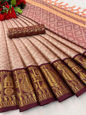 Apnisha Self Design Banarasi Cotton Silk Saree(Beige)