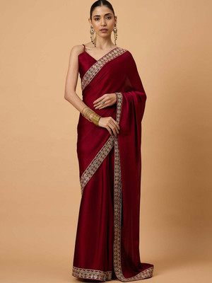 all about you Embroidered Daily Wear Tissue Saree(Maroon)