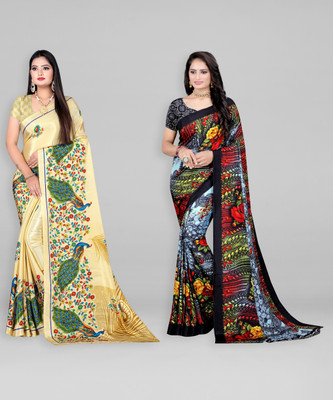 Leelavati Printed Daily Wear Crepe Saree(Pack of 2, Yellow, Multicolor)