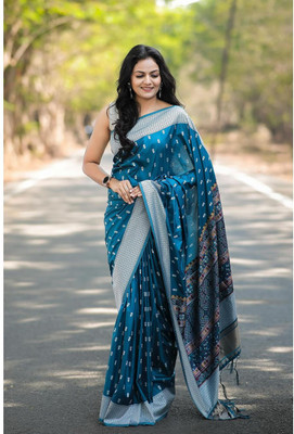 MIRMAN Woven Kanjivaram Pure Cotton Saree(Light Blue)