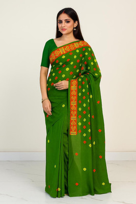 Nigarcreation Woven Mekhela Chador Handloom Cotton Silk Saree(Green, Light Green)