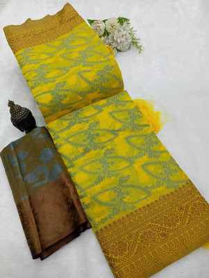 MAANVIT Printed Kanjivaram Pure Cotton, Cotton Silk Saree(Yellow)