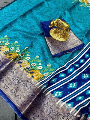 Classy Foriever Printed Bollywood Silk Blend Saree(Blue)