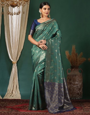 SIRIL Woven, Embellished Kanjivaram Silk Blend, Jacquard Saree(Green, Blue)