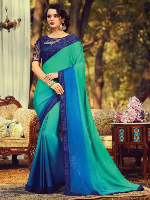 Sareemall Embroidered, Solid/Plain Bollywood Chiffon Saree(Light Green)