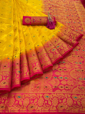 GajGajra Printed Arani Pattu Cotton Silk Saree(Gold, Pink)