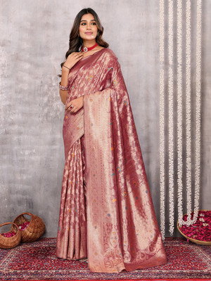 Janasya Woven, Self Design Kanjivaram Silk Blend Saree(Pink)