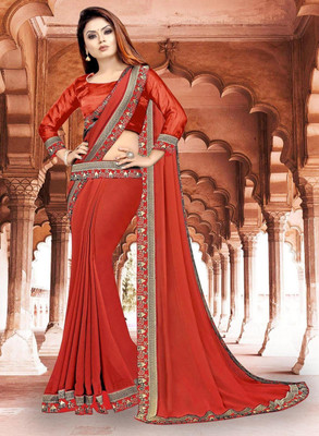 HNC Retail Temple Border, Solid/Plain Bollywood Lycra Blend, Chiffon Saree(Red, Orange)