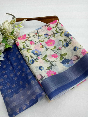 HouseOfCommon Printed Kanjivaram Linen, Cotton Linen Saree(Dark Blue)